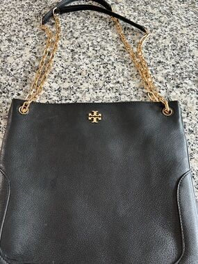 Tory Burch Black Leather Shoulder Bag with Gold Chain